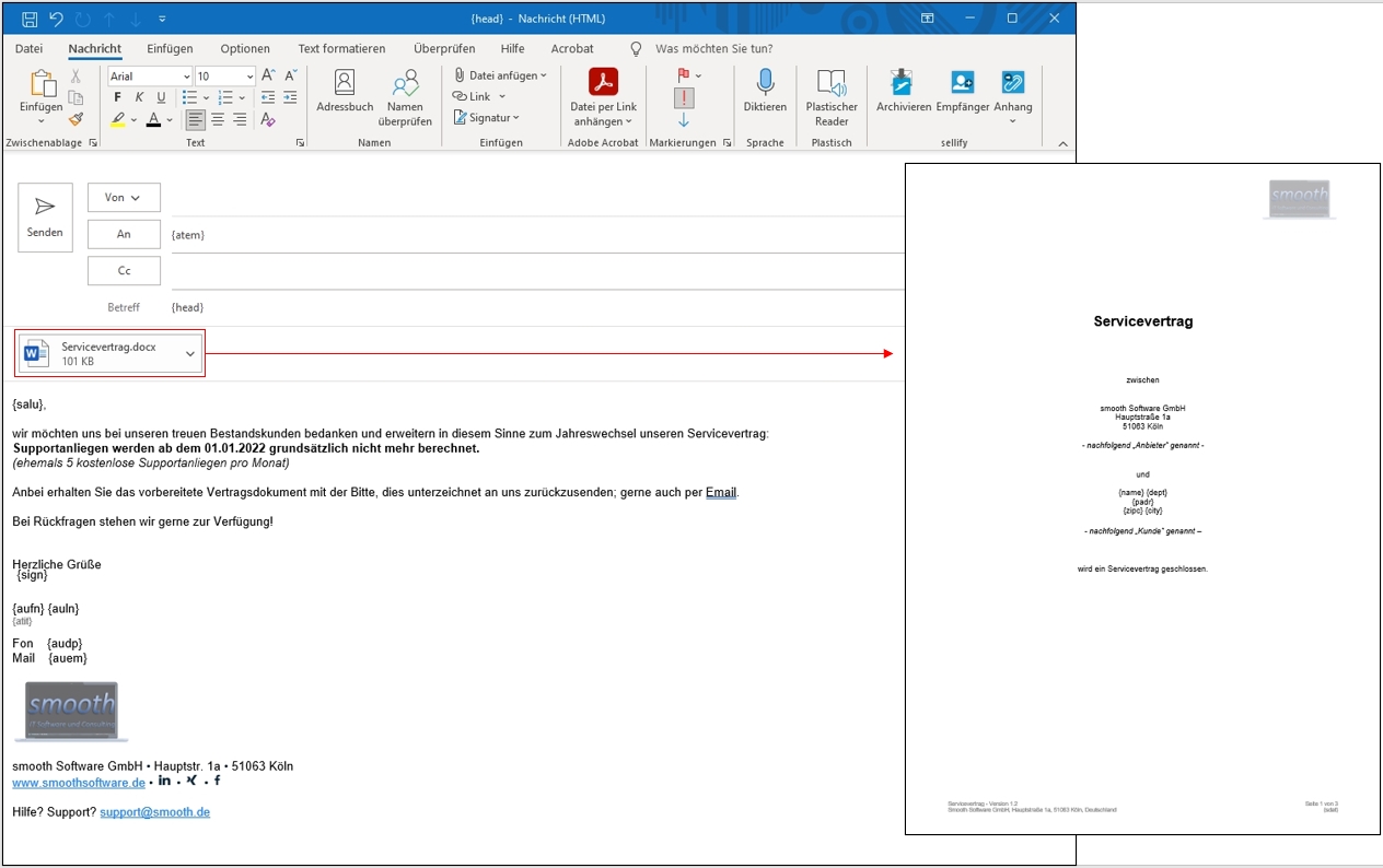 Vorlagenverwaltung Das Bild zeigt eine E-Mail, welche als Vorlage mit Variablen und Vertragsanhang erstellt wird.