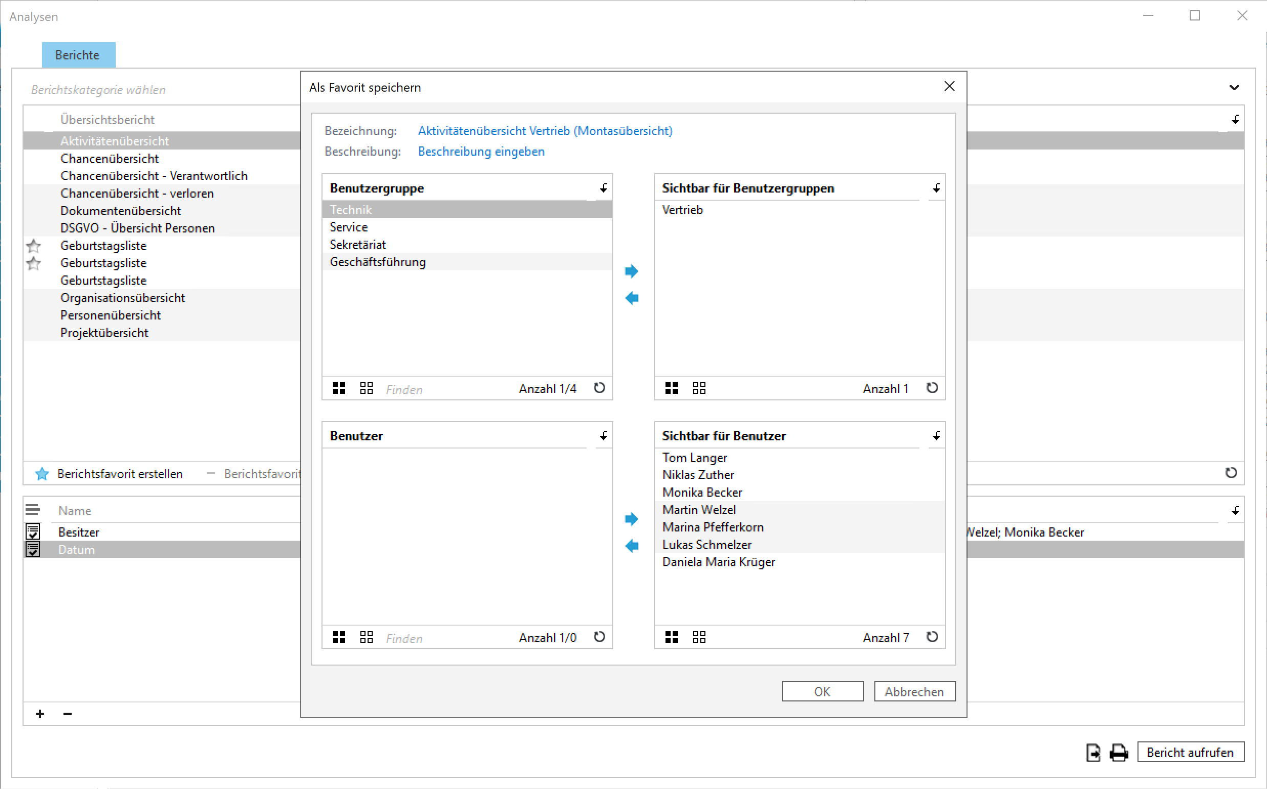 Das Bild zeigt einen Screenshot aus sellify, in dem ein Anwender sich einen Bericht als Favorit speichert und direkt anderen Anwendern zugänglich macht.