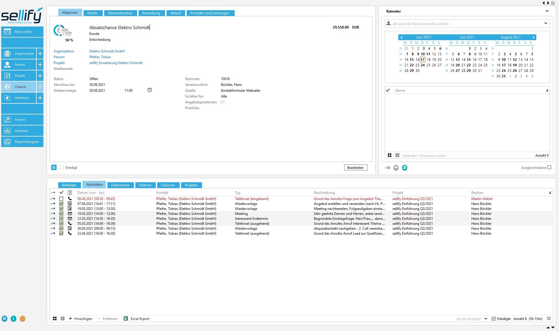 Das Bild zeigt einen Screenshot aus sellify zu einer Verkaufschance mit Stammdaten und Verknüpfungsdaten.