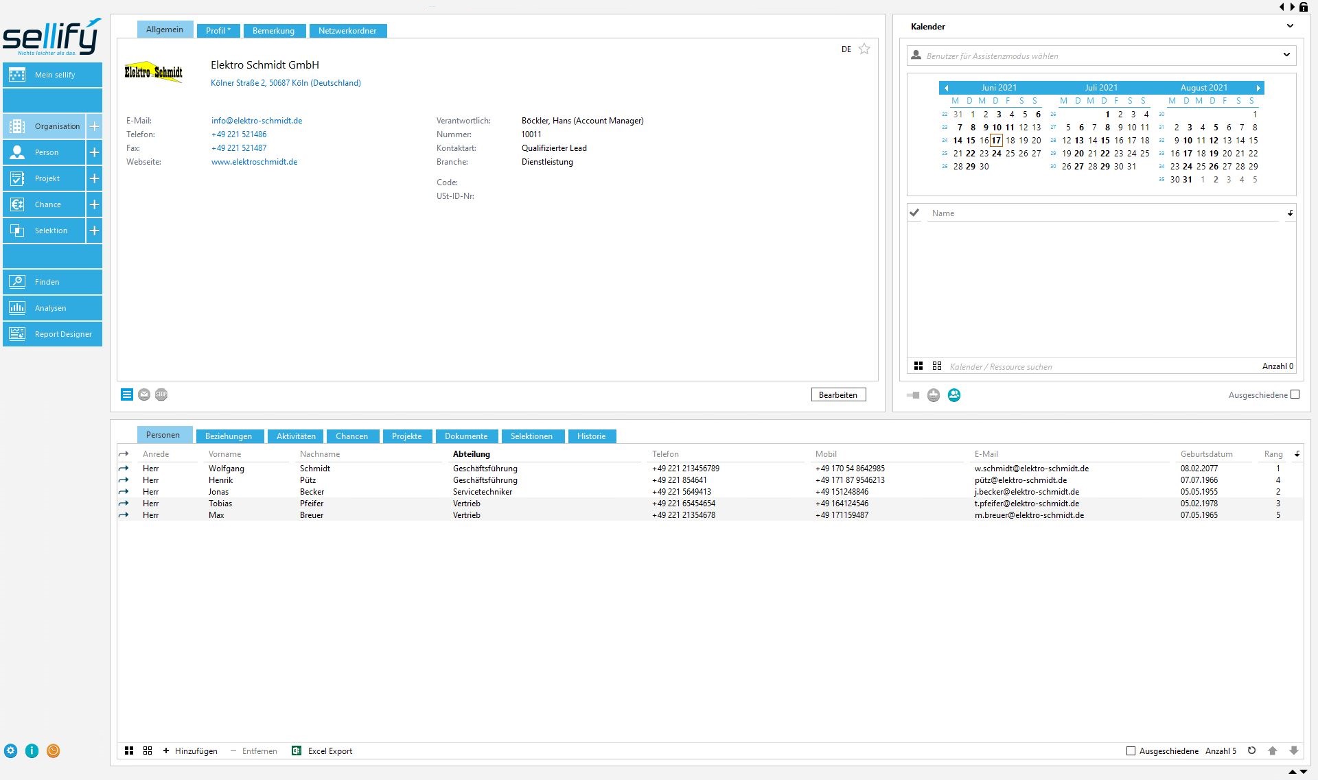 Das Bild zeigt einen Screenshot aus sellify zu einer Organisation mit Stammdaten und verknüpften Personen.