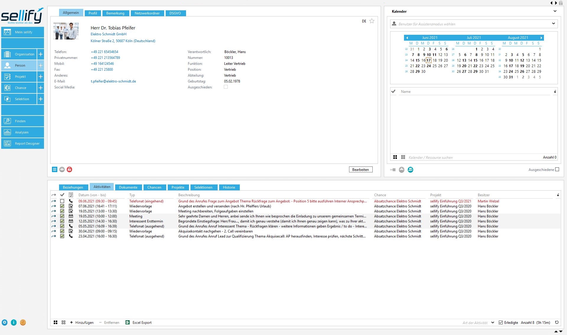 Das Bild zeigt einen Screenshot aus sellify zu einer Person mit Stammdaten und verknüpften Aktivitäten.