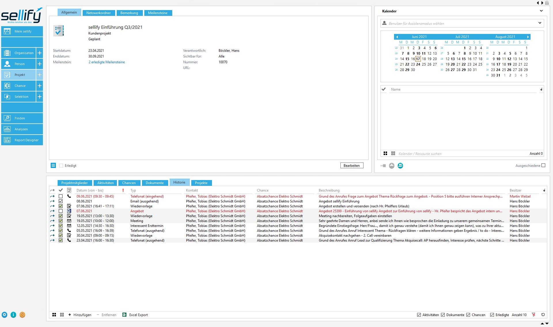 Das Bild zeigt einen Screenshot aus sellify zu einem Projekt mit Stammdaten und Verlaufshistorie.