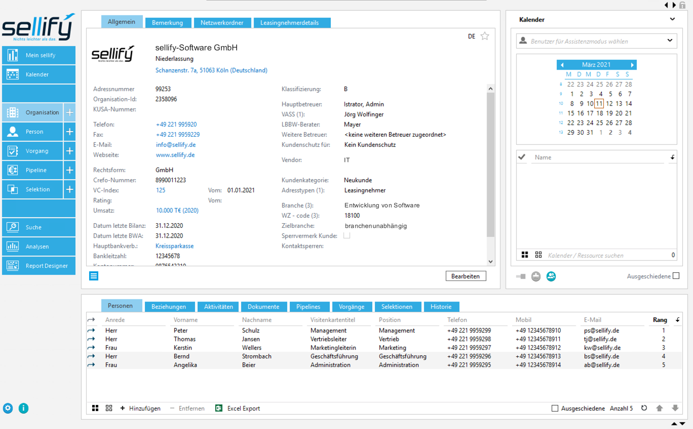 Das Bild zeigt einen Screenshot aus sellify mit einer Organisation und zugehörigen Unternehmensinformationen.