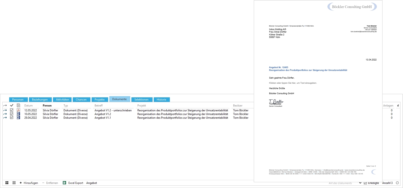 Das Bild zeigt einen Screenshot aus sellify mit der Suchfunktion und einer Dokumentenvorlage.
